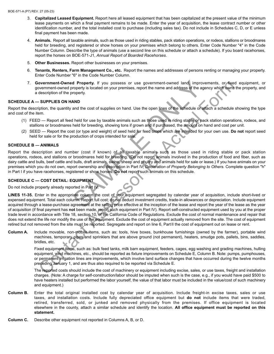 Form BOE-571-A Agricultural Property Statement - Sample - California, Page 7