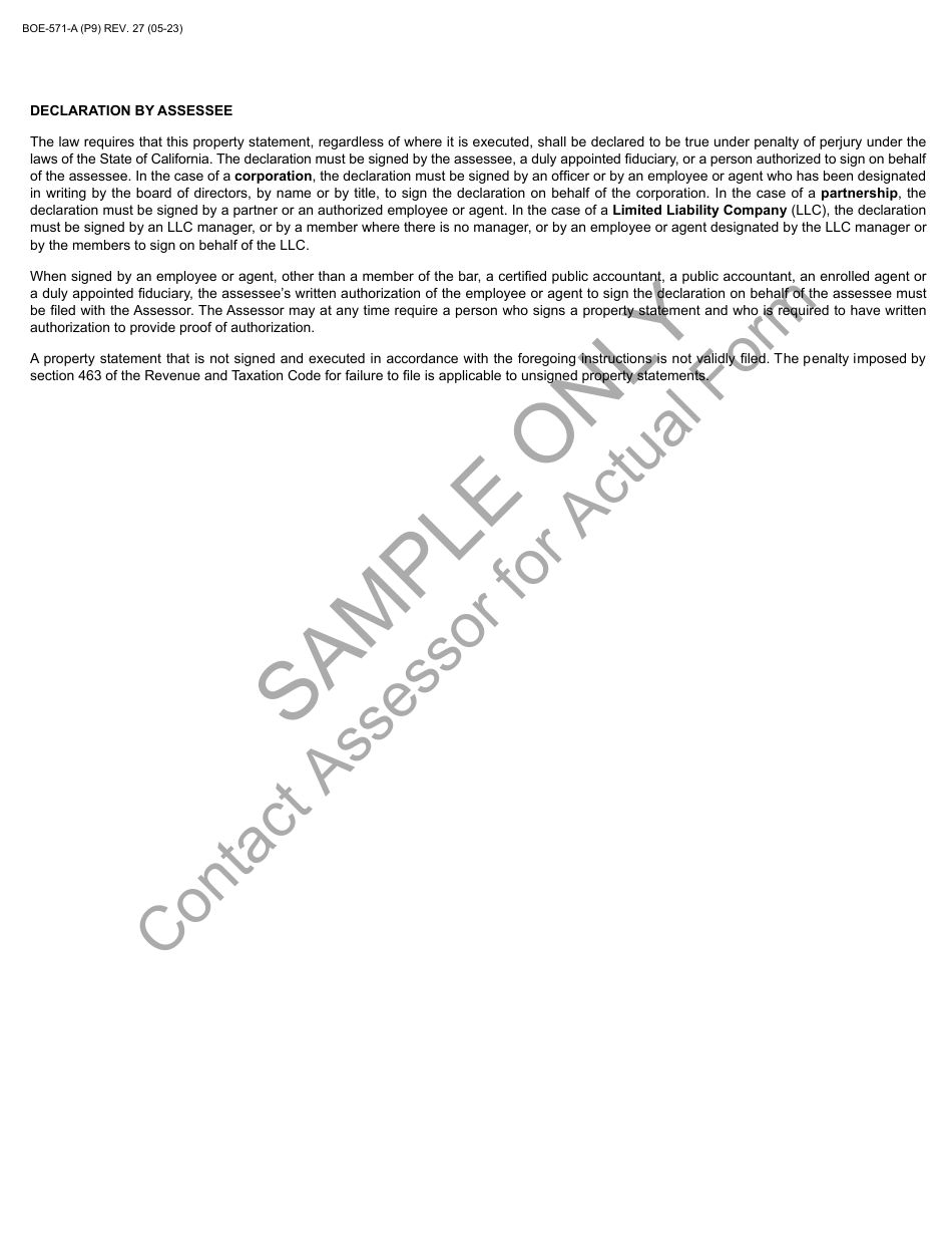 Form BOE-571-A Agricultural Property Statement - Sample - California, Page 9