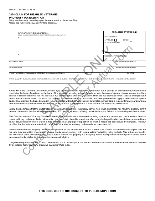 Form BOE-281-G Claim for Disabled Veterans' Property Tax Exemption - Sample - California, 2024
