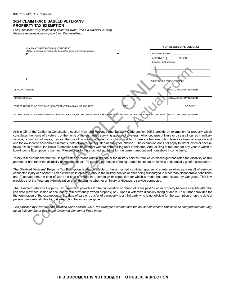 Form BOE-281-G Claim for Disabled Veterans Property Tax Exemption - Sample - California, Page 1