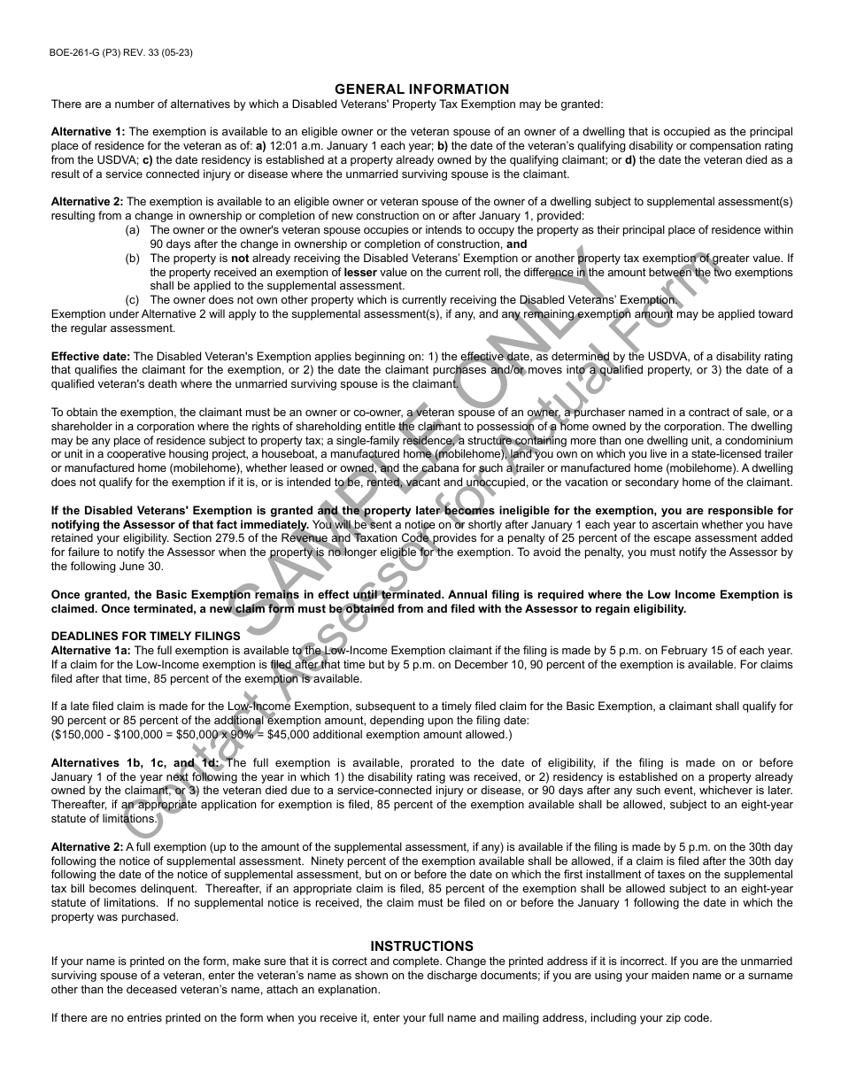 Form BOE-281-G Claim for Disabled Veterans Property Tax Exemption - Sample - California, Page 3