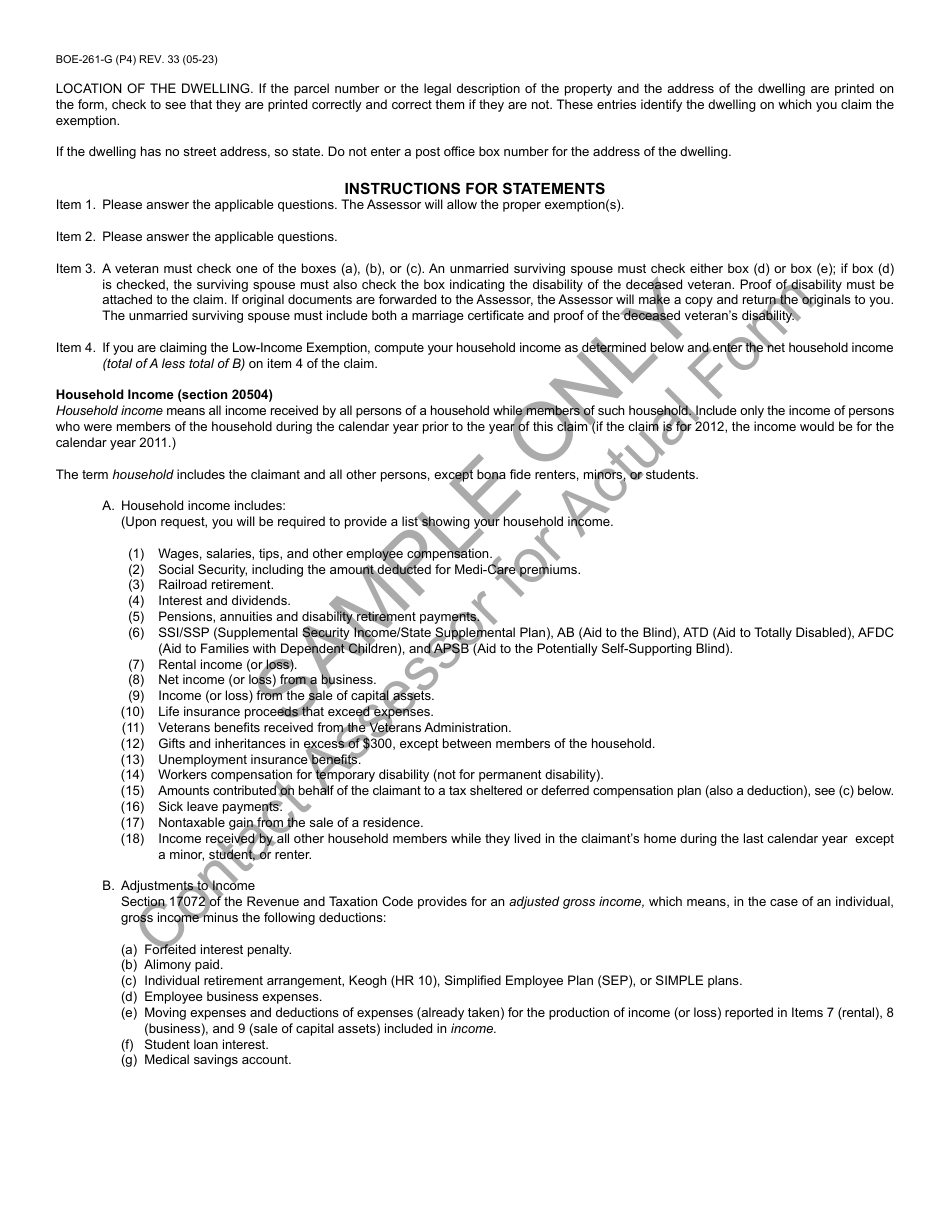 Form BOE-281-G Claim for Disabled Veterans Property Tax Exemption - Sample - California, Page 4