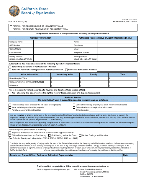 Form BOE-529-B Petition for Nonunitary Property Reassessment - California