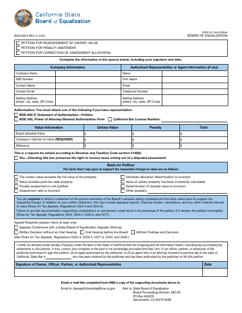 Form BOE-529-A Petition for Unitary Property Reassessment - California