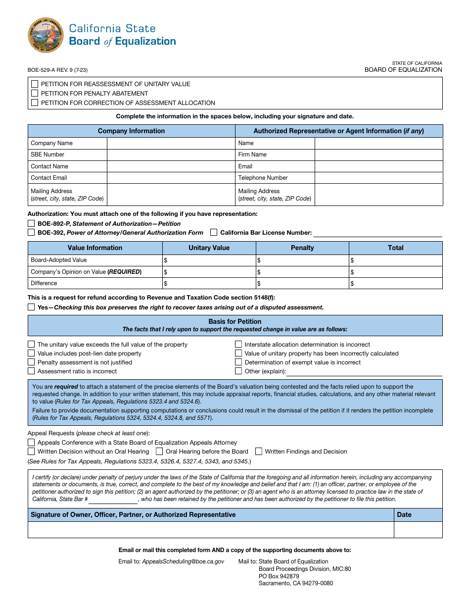Form BOE529A Download Fillable PDF or Fill Online Petition for