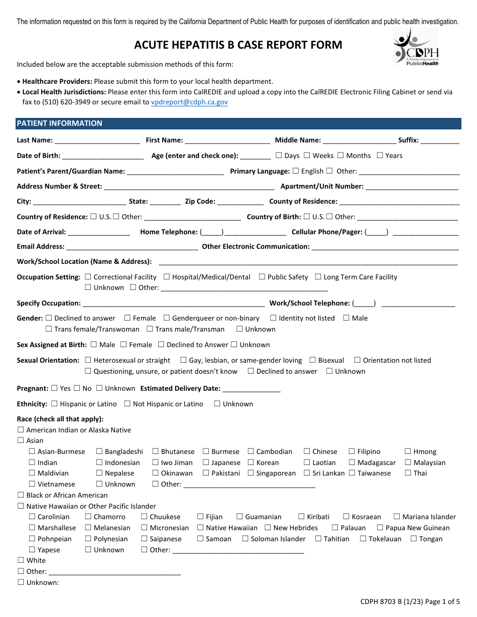 Form CDPH8703 B Acute Hepatitis B Case Report Form - California, Page 1