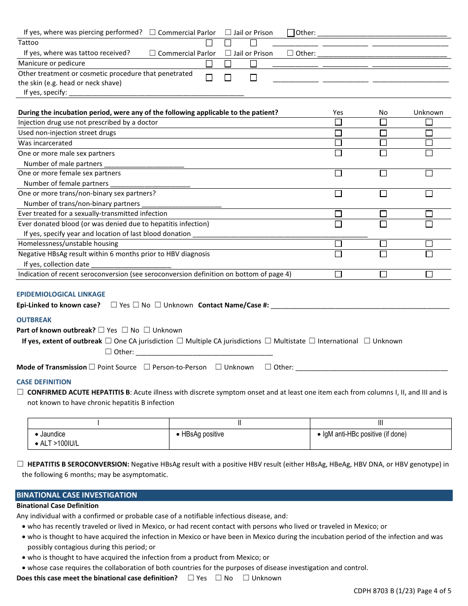 Form CDPH8703 B Acute Hepatitis B Case Report Form - California, Page 4