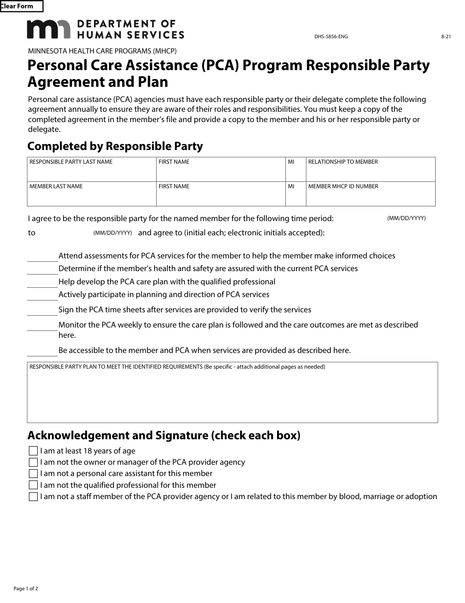 Form DHS-5856-ENG Personal Care Assistance (Pca) Program Responsible Party Agreement and Plan - Minnesota Health Care Programs (Mhcp) - Minnesota, Page 1