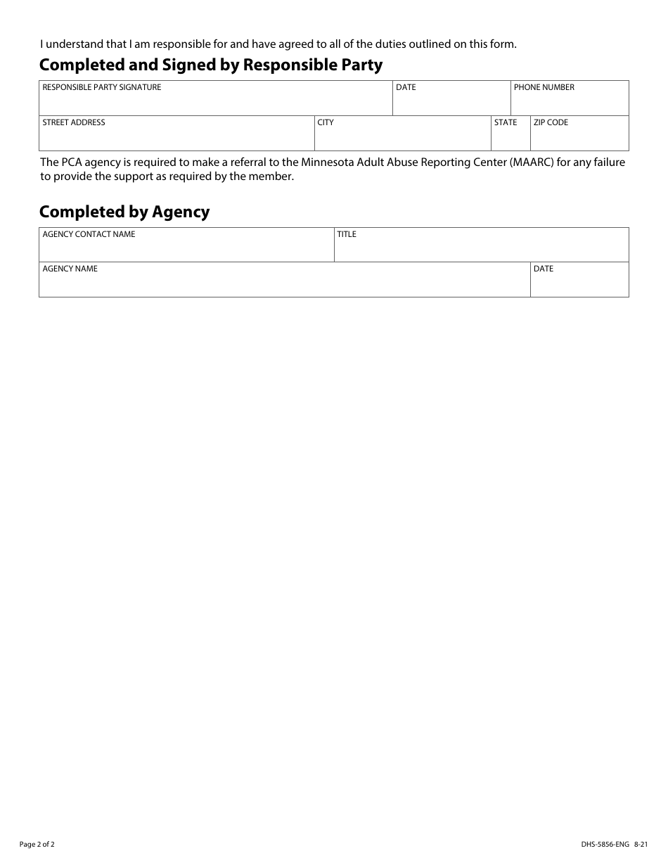 Form DHS-5856-ENG Personal Care Assistance (Pca) Program Responsible Party Agreement and Plan - Minnesota Health Care Programs (Mhcp) - Minnesota, Page 2
