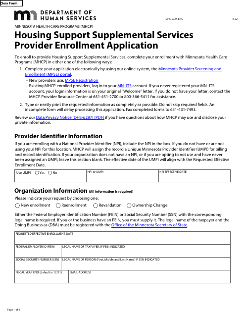 Form DHS-5924-ENG Housing Support Supplemental Services Provider Enrollment Application - Minnesota Health Care Programs (Mhcp) - Minnesota