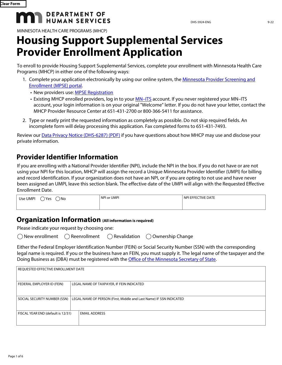 Form DHS-5924-ENG Housing Support Supplemental Services Provider Enrollment Application - Minnesota Health Care Programs (Mhcp) - Minnesota, Page 1