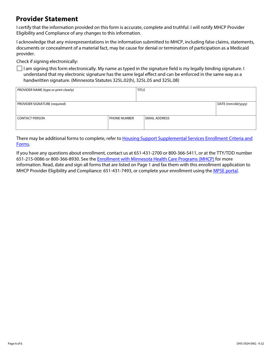 Form DHS-5924-ENG Housing Support Supplemental Services Provider Enrollment Application - Minnesota Health Care Programs (Mhcp) - Minnesota, Page 6