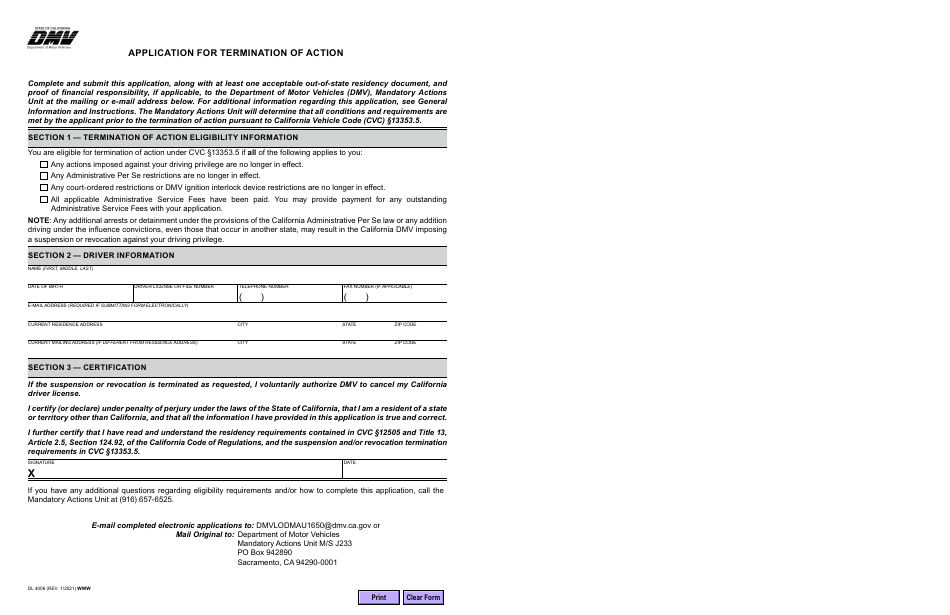 Form DL4006 Application for Termination of Action - California, Page 1