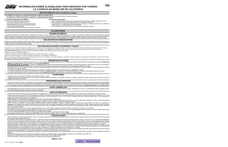 Formulario DL410 FO SP Informacion Sobre Elegibilidad Para Renovar Por Correo La Licencia De Manejar De California - California (Spanish), Page 1