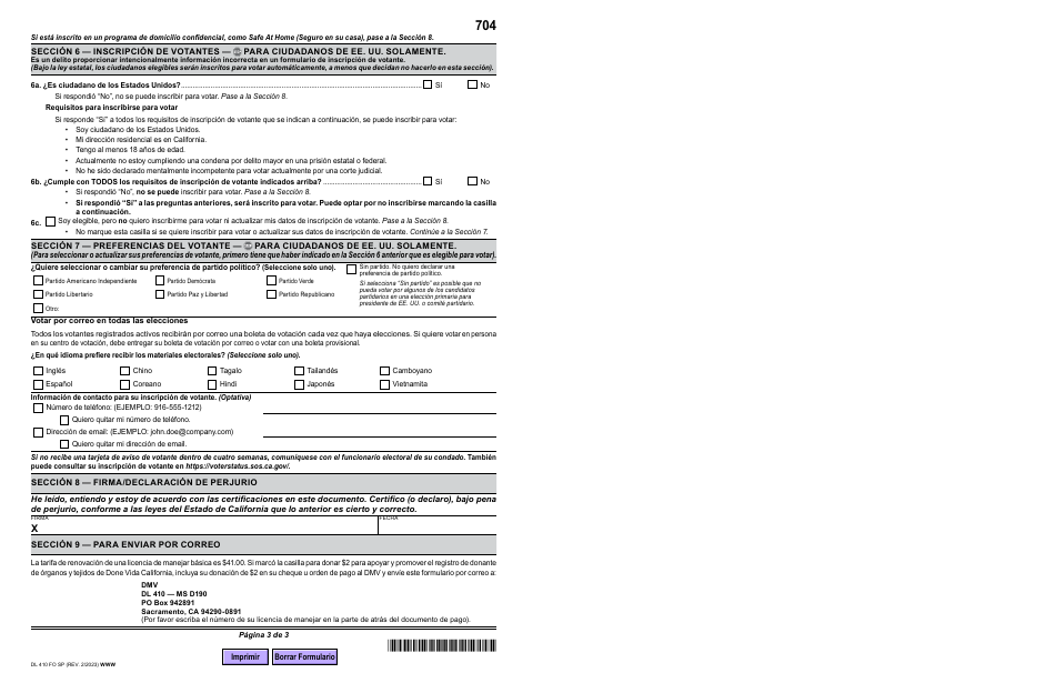 Formulario DL410 FO SP Informacion Sobre Elegibilidad Para Renovar Por Correo La Licencia De Manejar De California - California (Spanish), Page 3