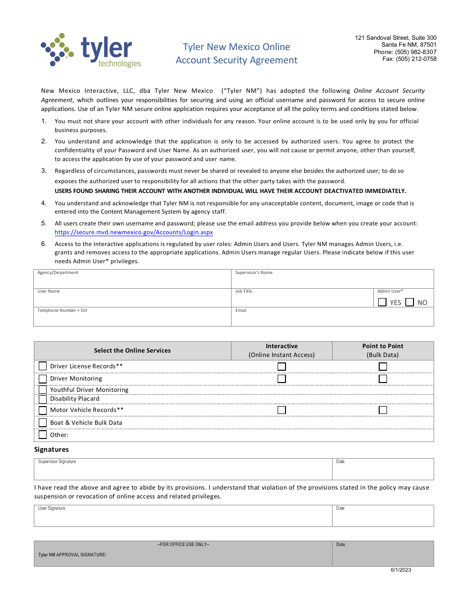Tyler New Mexico Online Account Security Agreement - New Mexico, Page 1