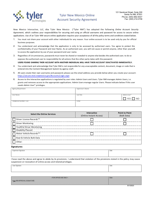 Tyler New Mexico Online Account Security Agreement - New Mexico Download Pdf