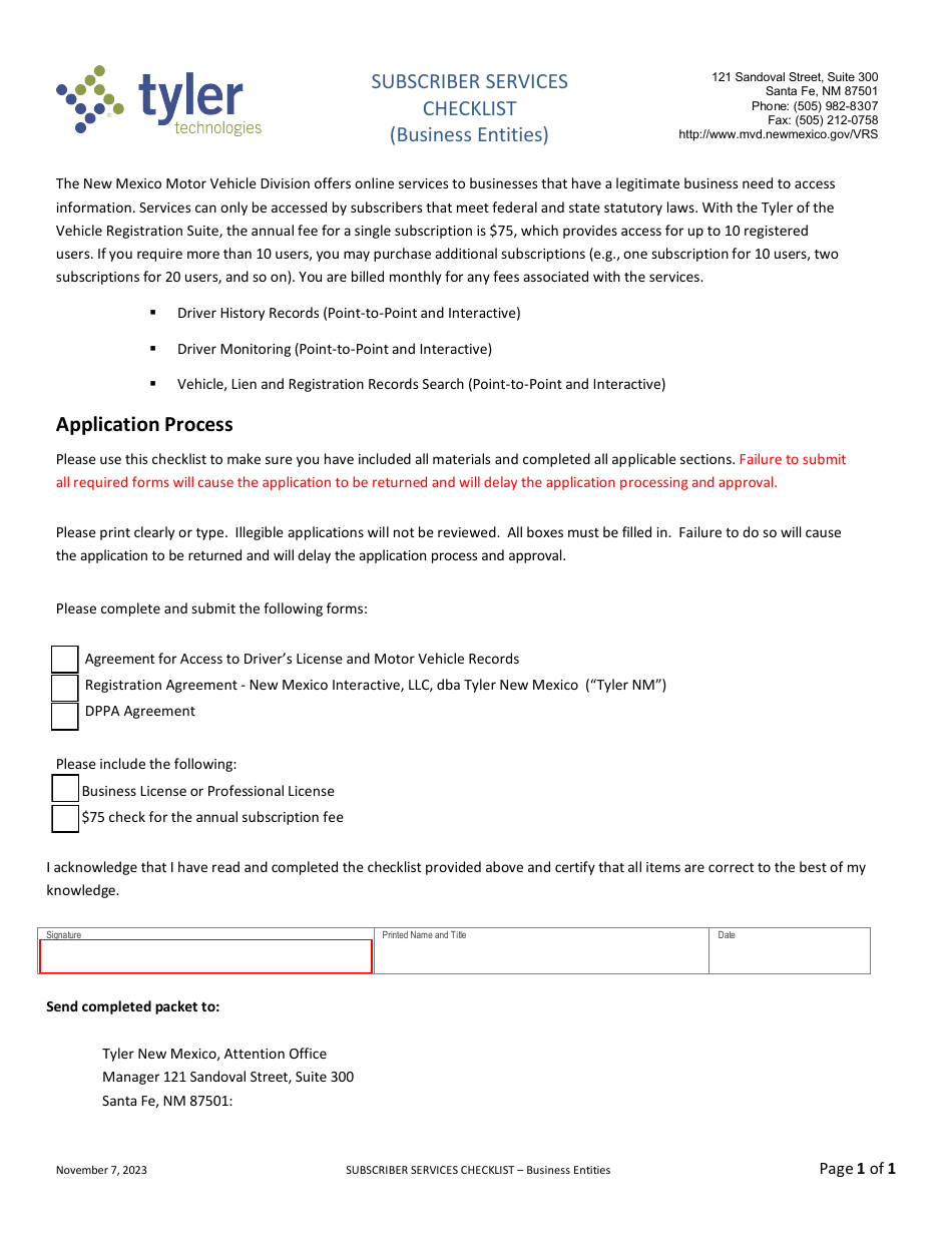 Subscriber Services Checklist (Business Entities) - New Mexico, Page 1