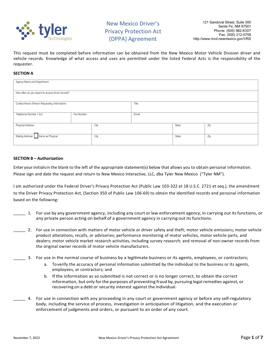 New Mexico Drivers Privacy Protection Act (Dppa) Agreement - New Mexico, Page 1