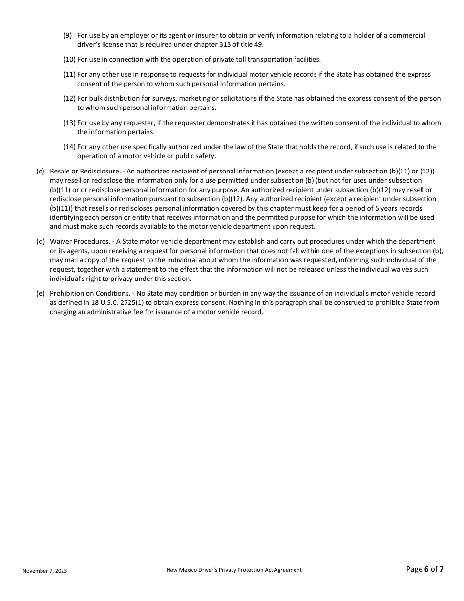 New Mexico Drivers Privacy Protection Act (Dppa) Agreement - New Mexico, Page 6