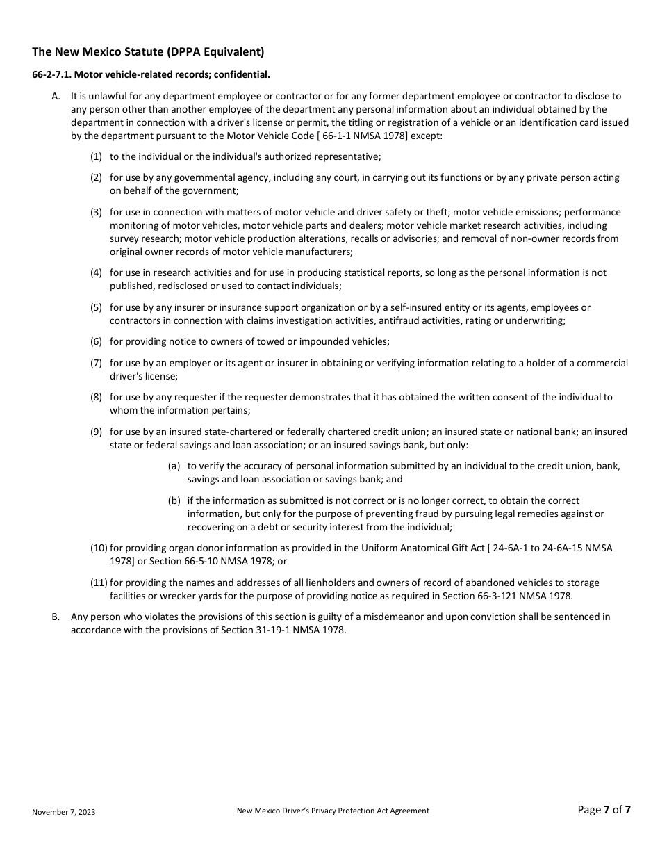 New Mexico Drivers Privacy Protection Act (Dppa) Agreement - New Mexico, Page 7