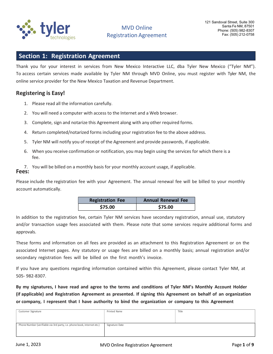 Mvd Online Registration Agreement - New Mexico, Page 1
