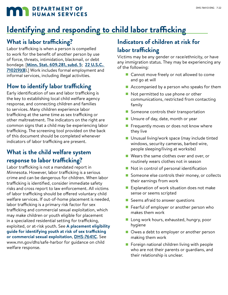 Form DHS-7641O-ENG Identifying and Responding to Child Labor Trafficking - Minnesota, Page 1