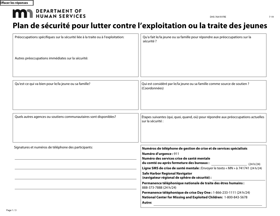 Form DHS-7641R-FRE Youth Exploitation or Trafficking Safety Plan - Minnesota (French), Page 1