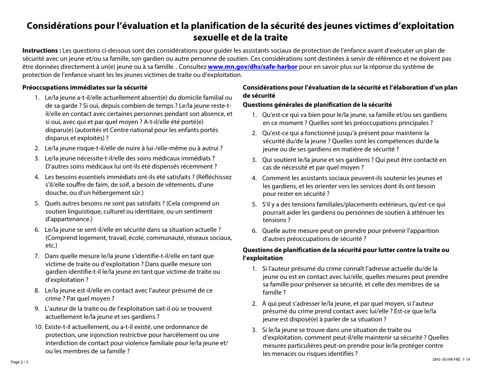 Form DHS-7641R-FRE Youth Exploitation or Trafficking Safety Plan - Minnesota (French), Page 2