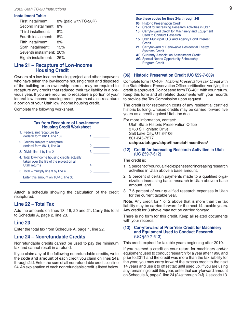 Instructions for Form TC-20 Utah Corporation Franchise and Income Tax Return - Utah, Page 11