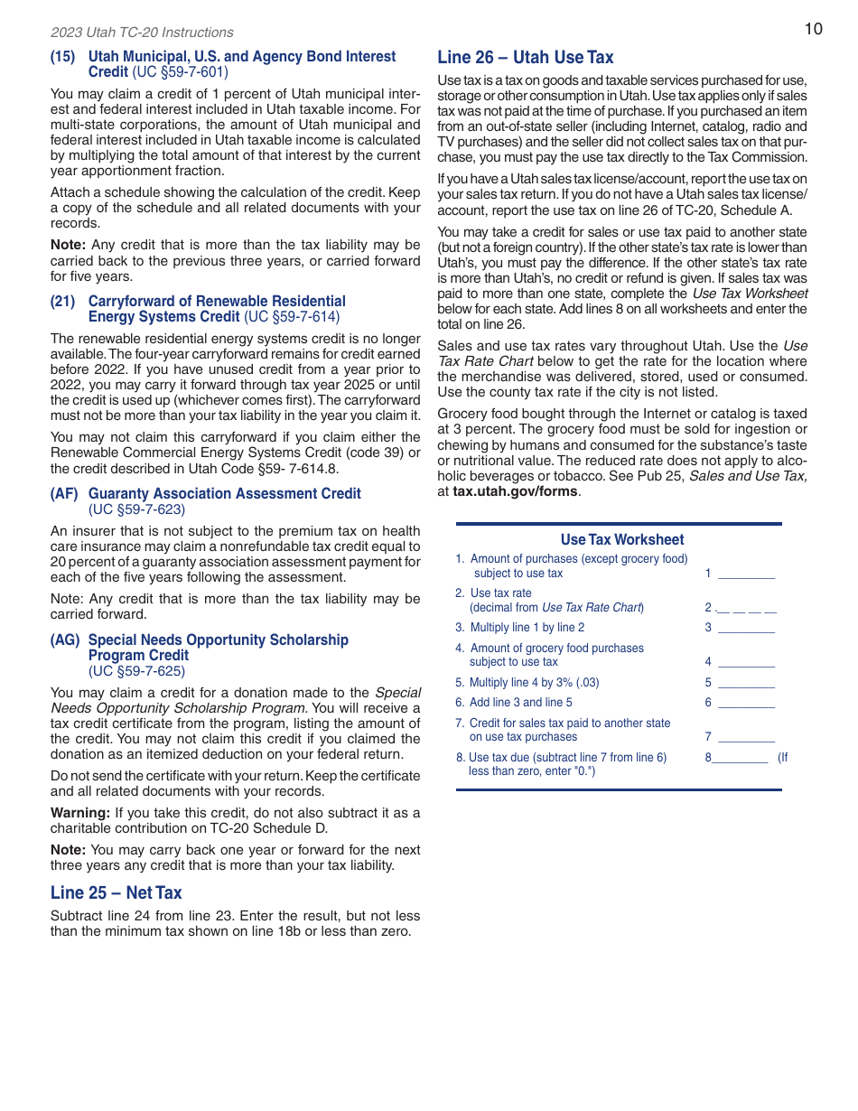 Instructions for Form TC-20 Utah Corporation Franchise and Income Tax Return - Utah, Page 12