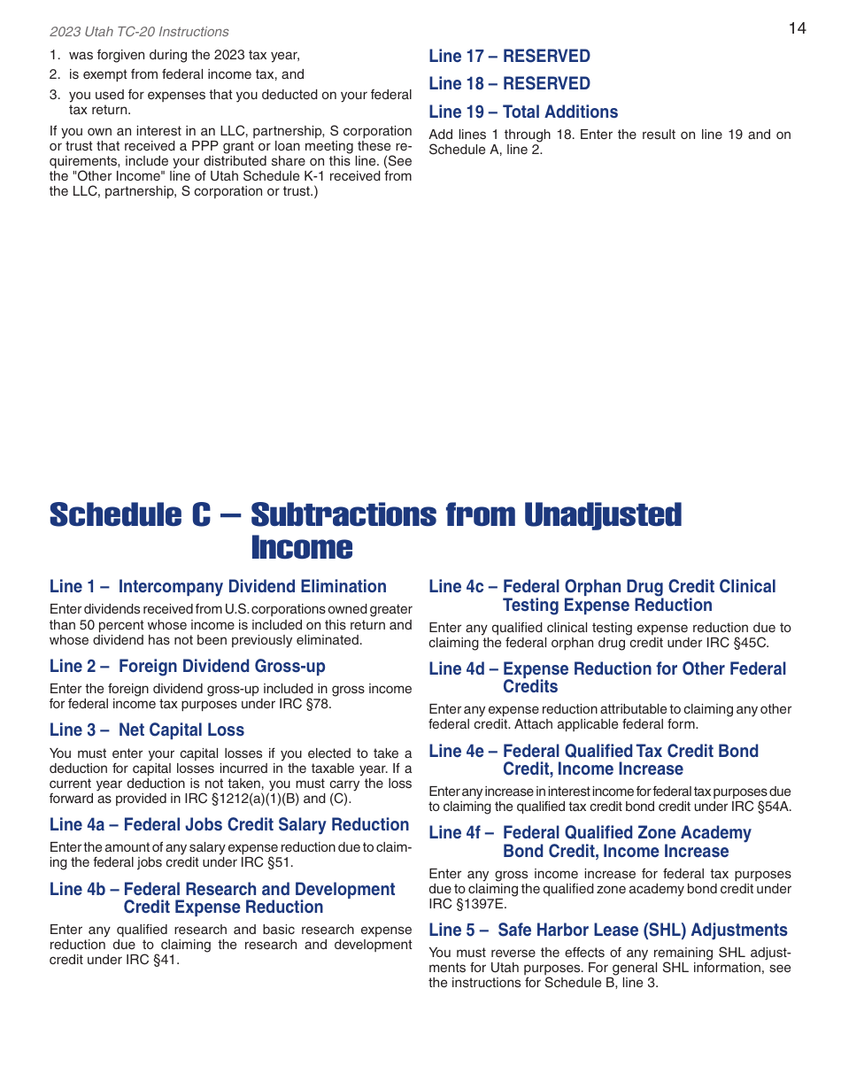 Instructions for Form TC-20 Utah Corporation Franchise and Income Tax Return - Utah, Page 16