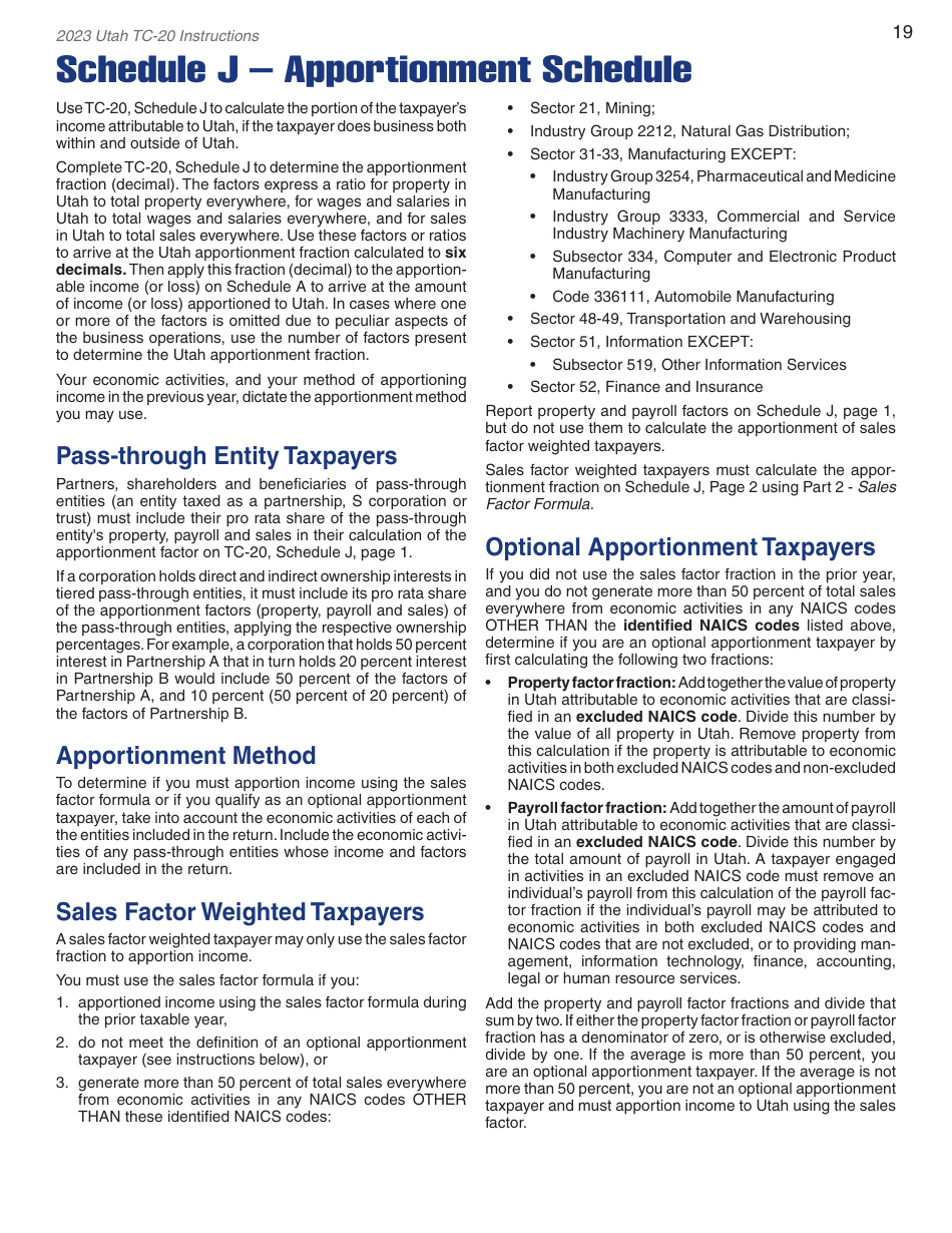 Instructions for Form TC-20 Utah Corporation Franchise and Income Tax Return - Utah, Page 21