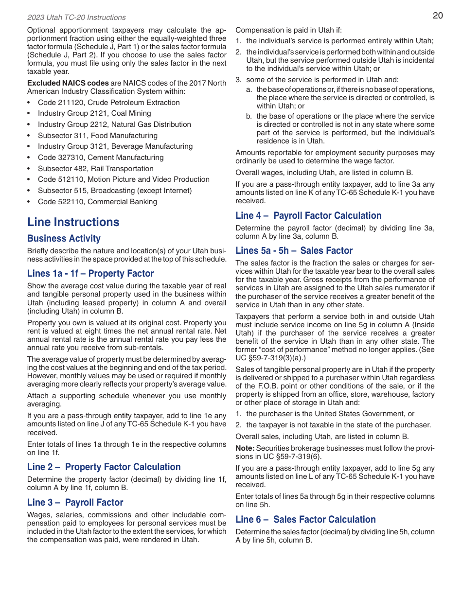 Instructions for Form TC-20 Utah Corporation Franchise and Income Tax Return - Utah, Page 22