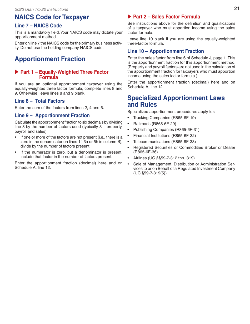 Instructions for Form TC-20 Utah Corporation Franchise and Income Tax Return - Utah, Page 23