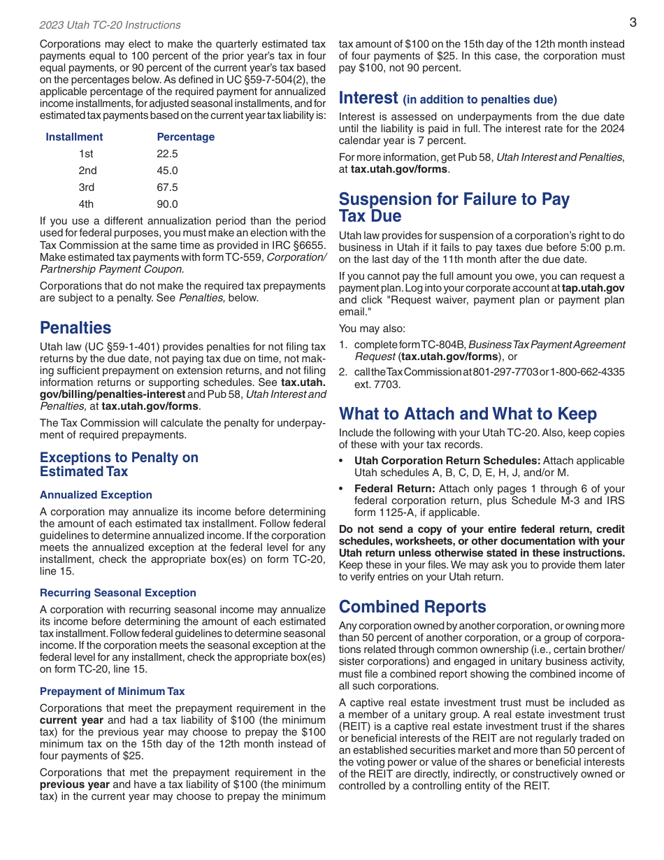 Instructions for Form TC-20 Utah Corporation Franchise and Income Tax Return - Utah, Page 5