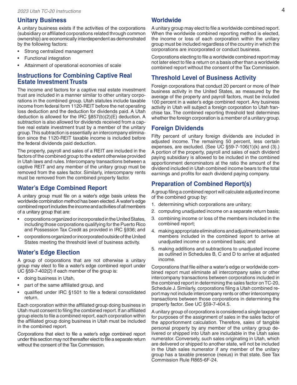 Instructions for Form TC-20 Utah Corporation Franchise and Income Tax Return - Utah, Page 6