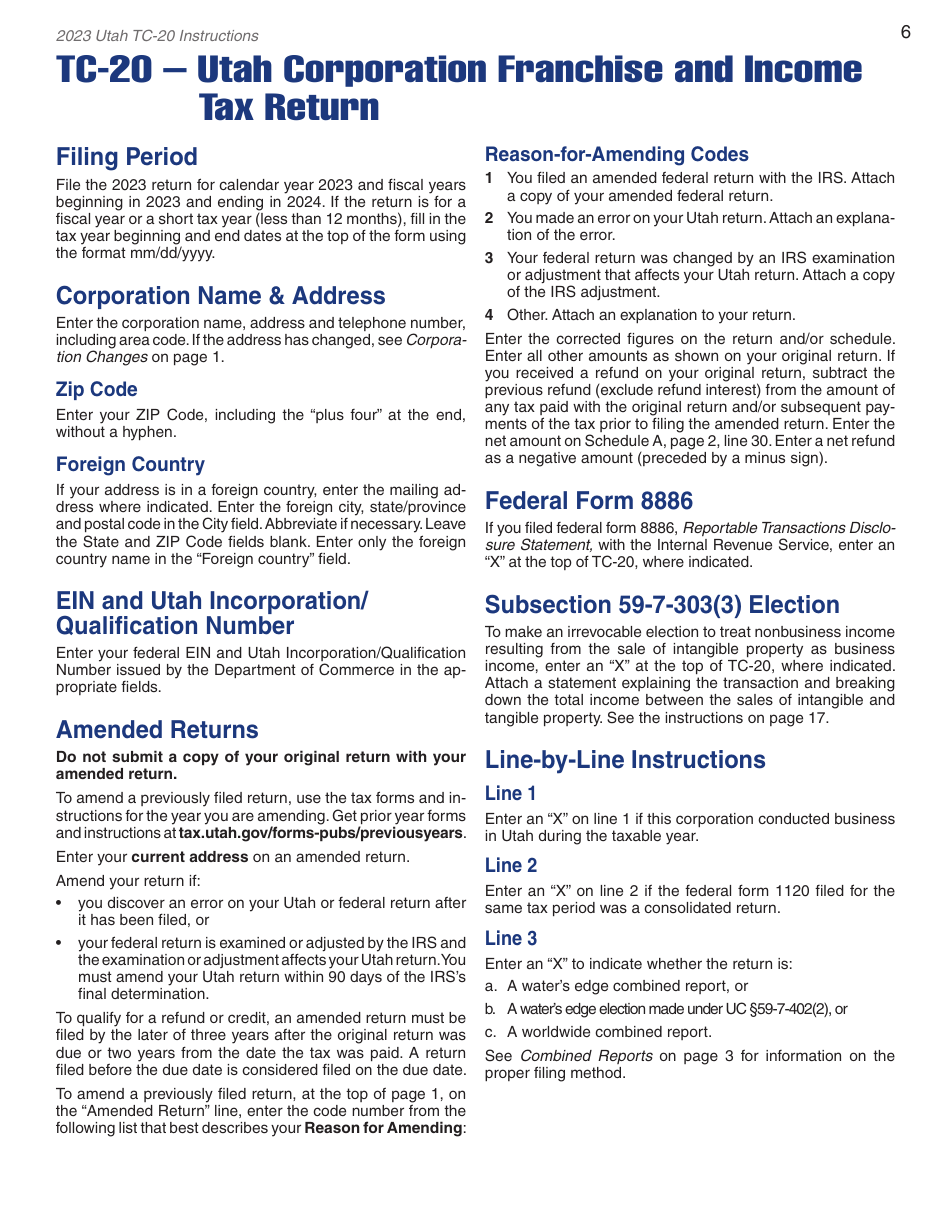 Instructions for Form TC-20 Utah Corporation Franchise and Income Tax Return - Utah, Page 8
