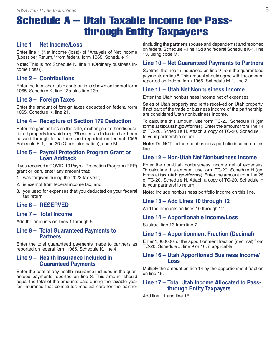 Instructions for Form TC-65 Utah Partnership / Limited Liability Partnership / Limited Liability Company Return of Income - Utah, Page 10