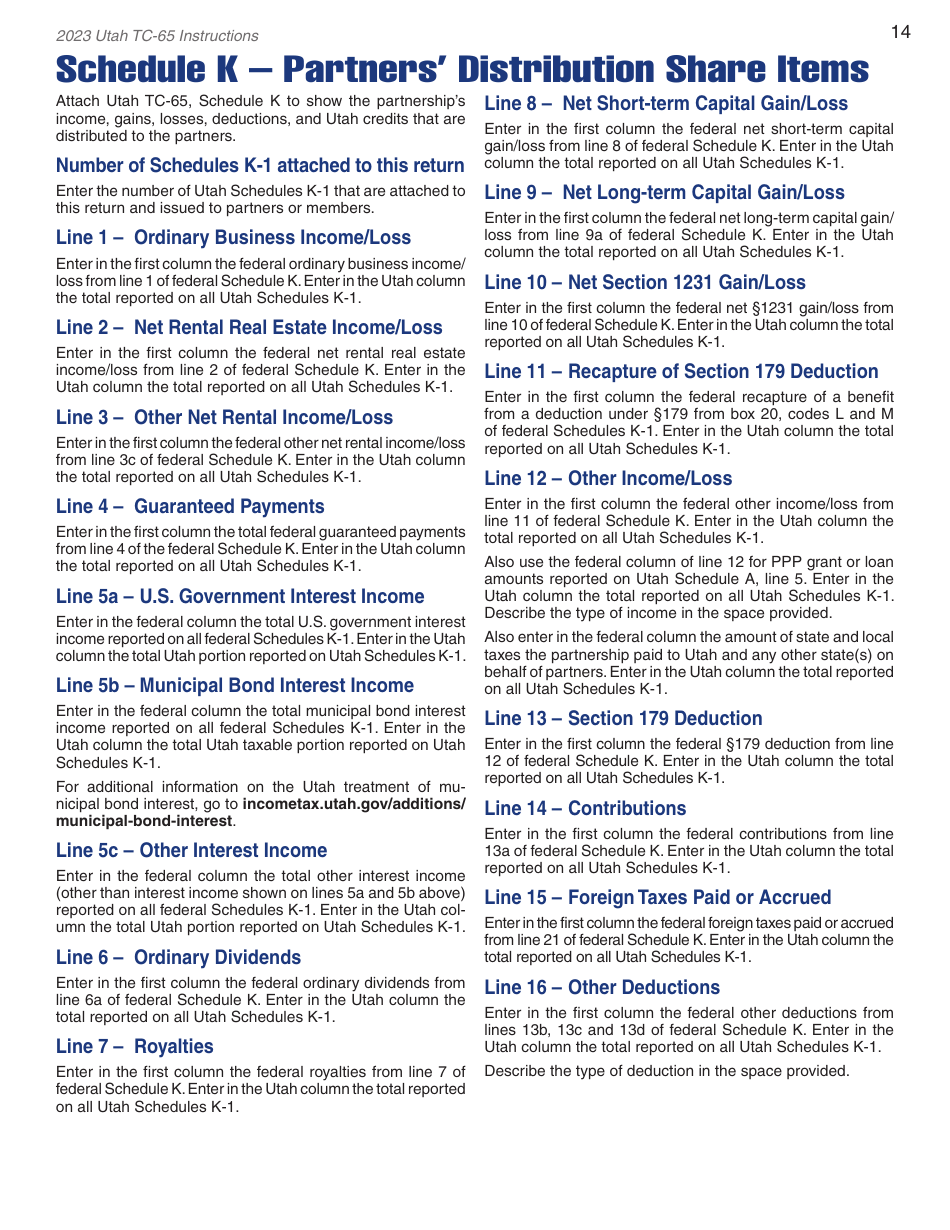 Instructions for Form TC-65 Utah Partnership / Limited Liability Partnership / Limited Liability Company Return of Income - Utah, Page 16