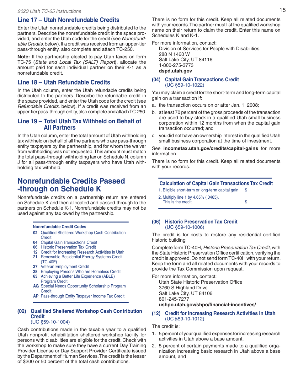 Instructions for Form TC-65 Utah Partnership / Limited Liability Partnership / Limited Liability Company Return of Income - Utah, Page 17