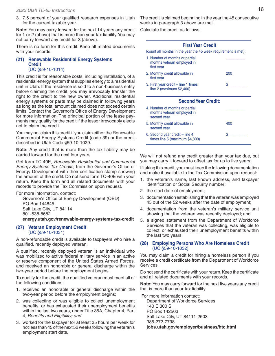 Instructions for Form TC-65 Utah Partnership / Limited Liability Partnership / Limited Liability Company Return of Income - Utah, Page 18