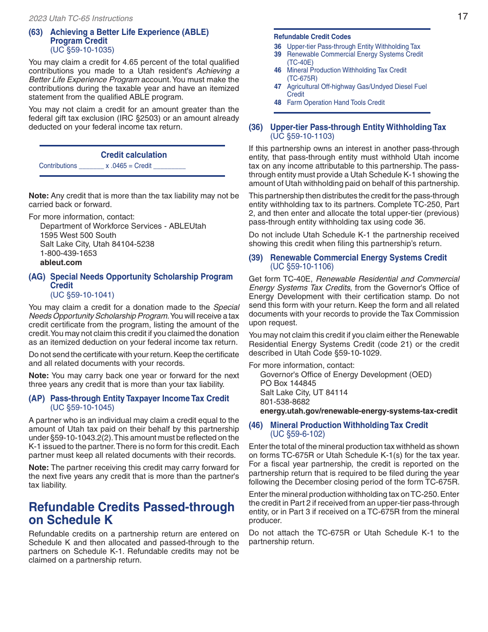 Instructions for Form TC-65 Utah Partnership / Limited Liability Partnership / Limited Liability Company Return of Income - Utah, Page 19