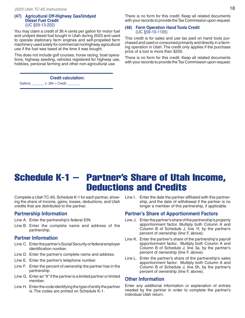 Instructions for Form TC-65 Utah Partnership / Limited Liability Partnership / Limited Liability Company Return of Income - Utah, Page 20