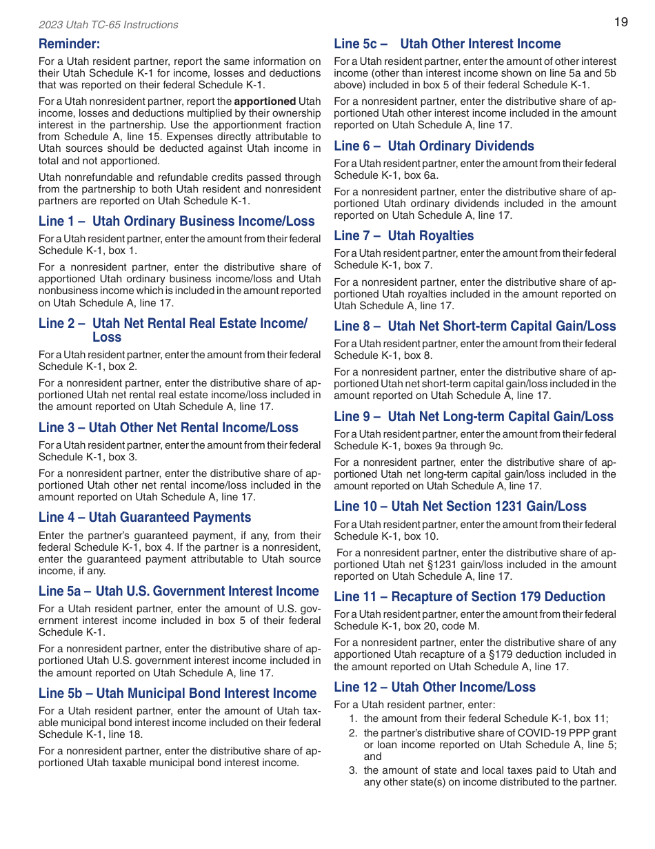 Instructions for Form TC-65 Utah Partnership / Limited Liability Partnership / Limited Liability Company Return of Income - Utah, Page 21