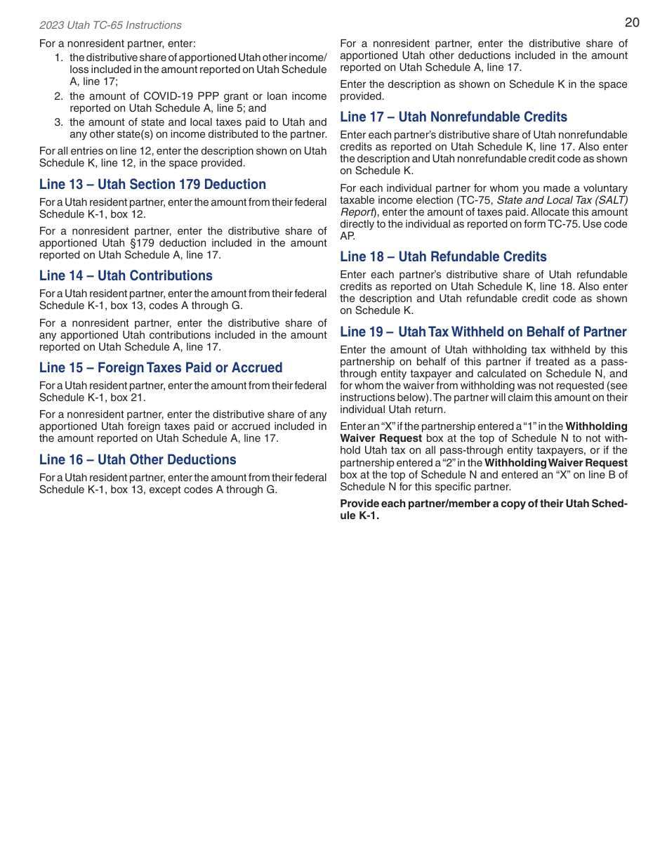 Instructions for Form TC-65 Utah Partnership / Limited Liability Partnership / Limited Liability Company Return of Income - Utah, Page 22