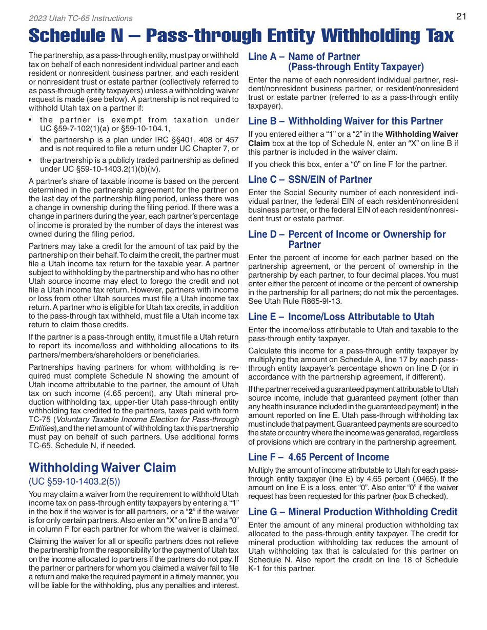 Instructions for Form TC-65 Utah Partnership / Limited Liability Partnership / Limited Liability Company Return of Income - Utah, Page 23
