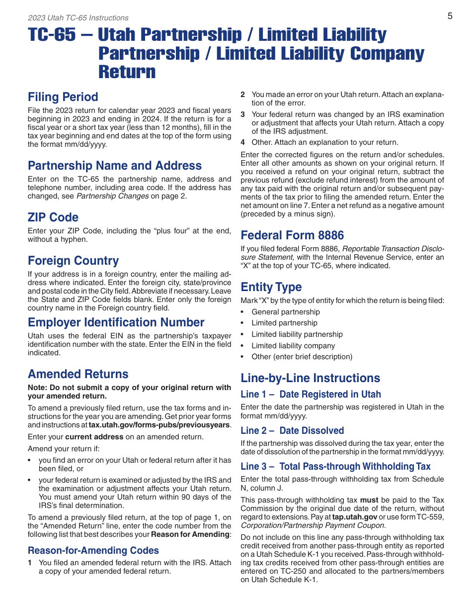 Instructions for Form TC-65 Utah Partnership / Limited Liability Partnership / Limited Liability Company Return of Income - Utah, Page 7