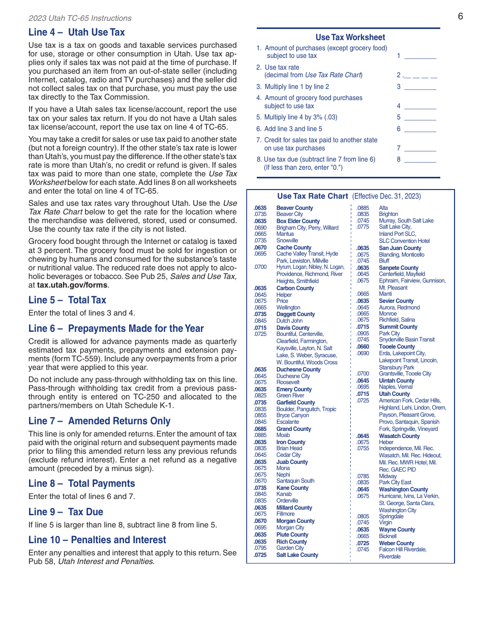 Instructions for Form TC-65 Utah Partnership / Limited Liability Partnership / Limited Liability Company Return of Income - Utah, Page 8