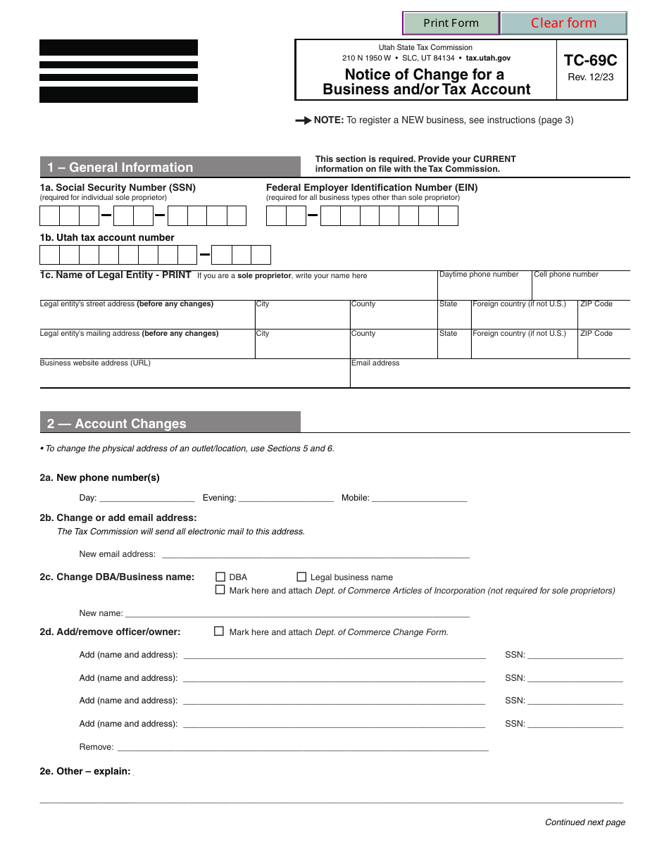 Form TC-69C Notice of Change for a Business and / or Tax Account - Utah, Page 1
